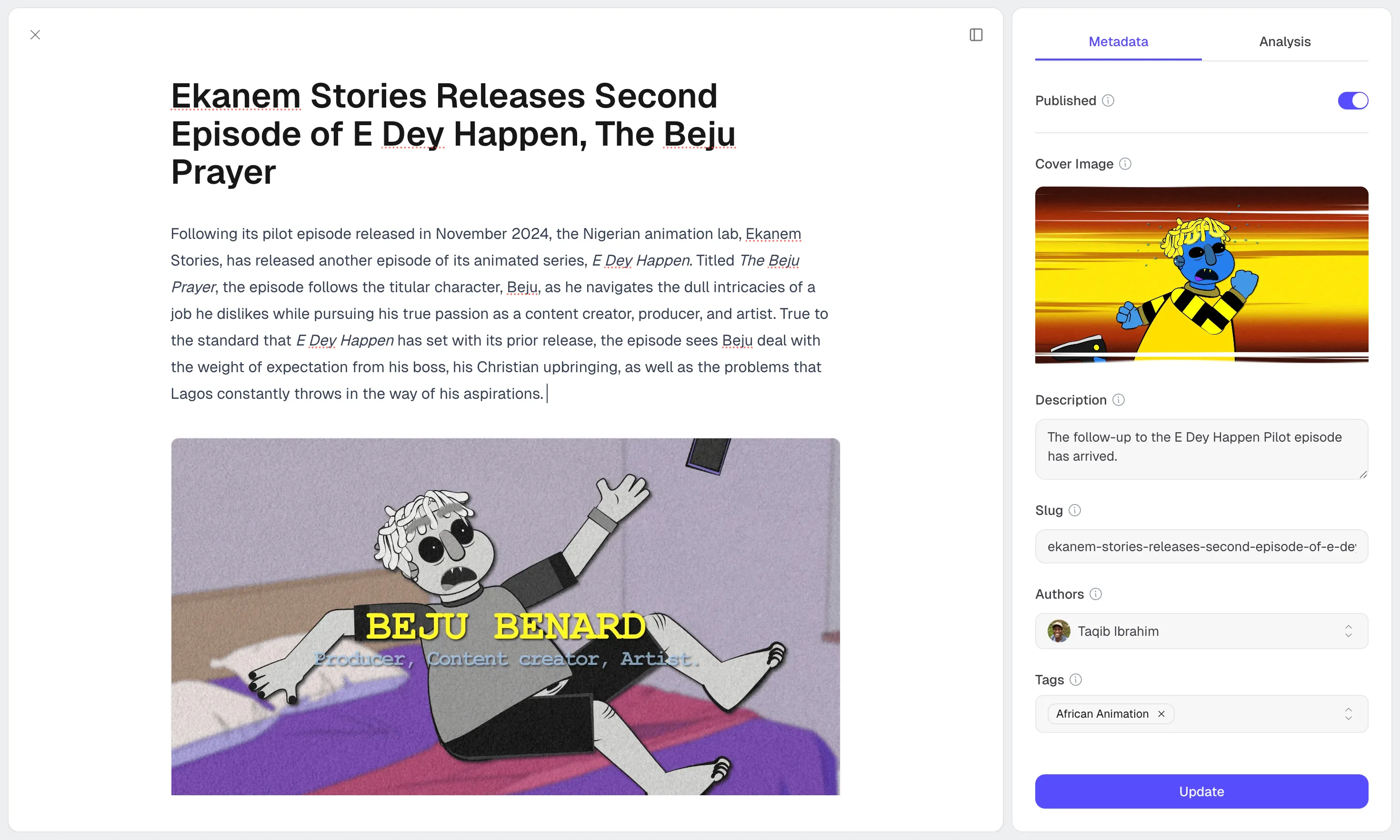 An preview of the Marble editor featuring a post in the editor and metadata in the sidebar