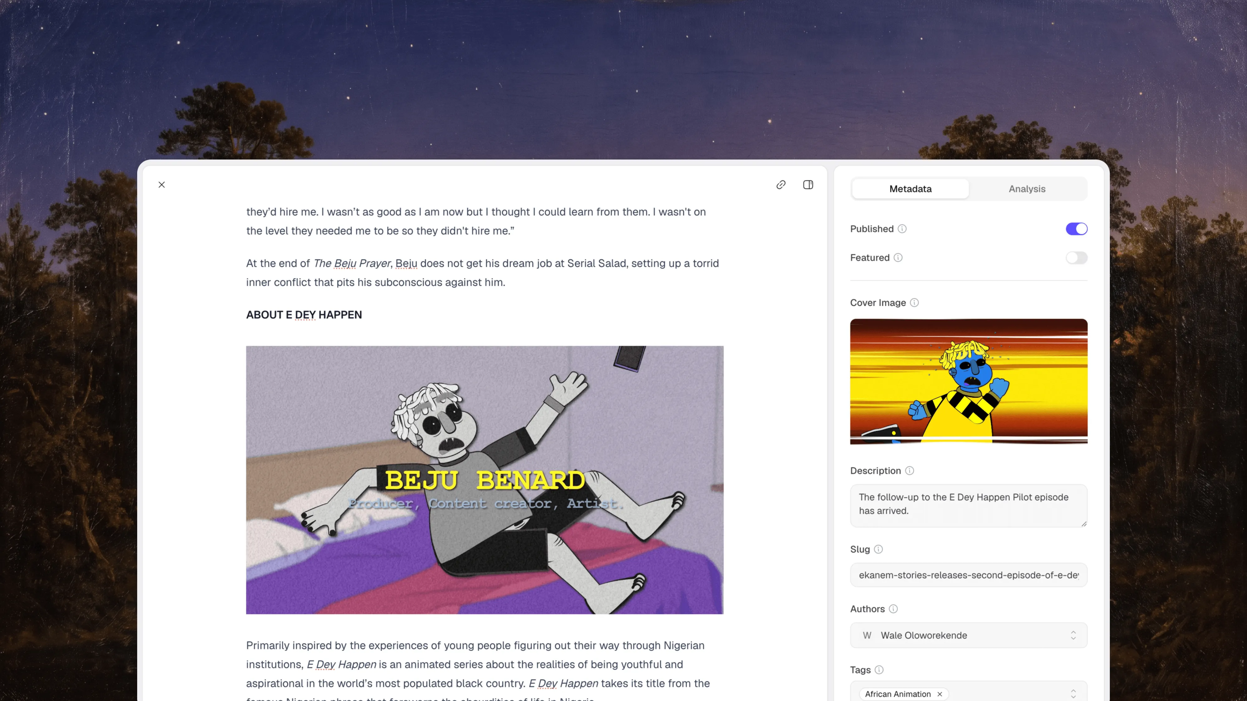 The Marble editor with a published post, its cover image, slug, authors, and tags, set against a landscape painting