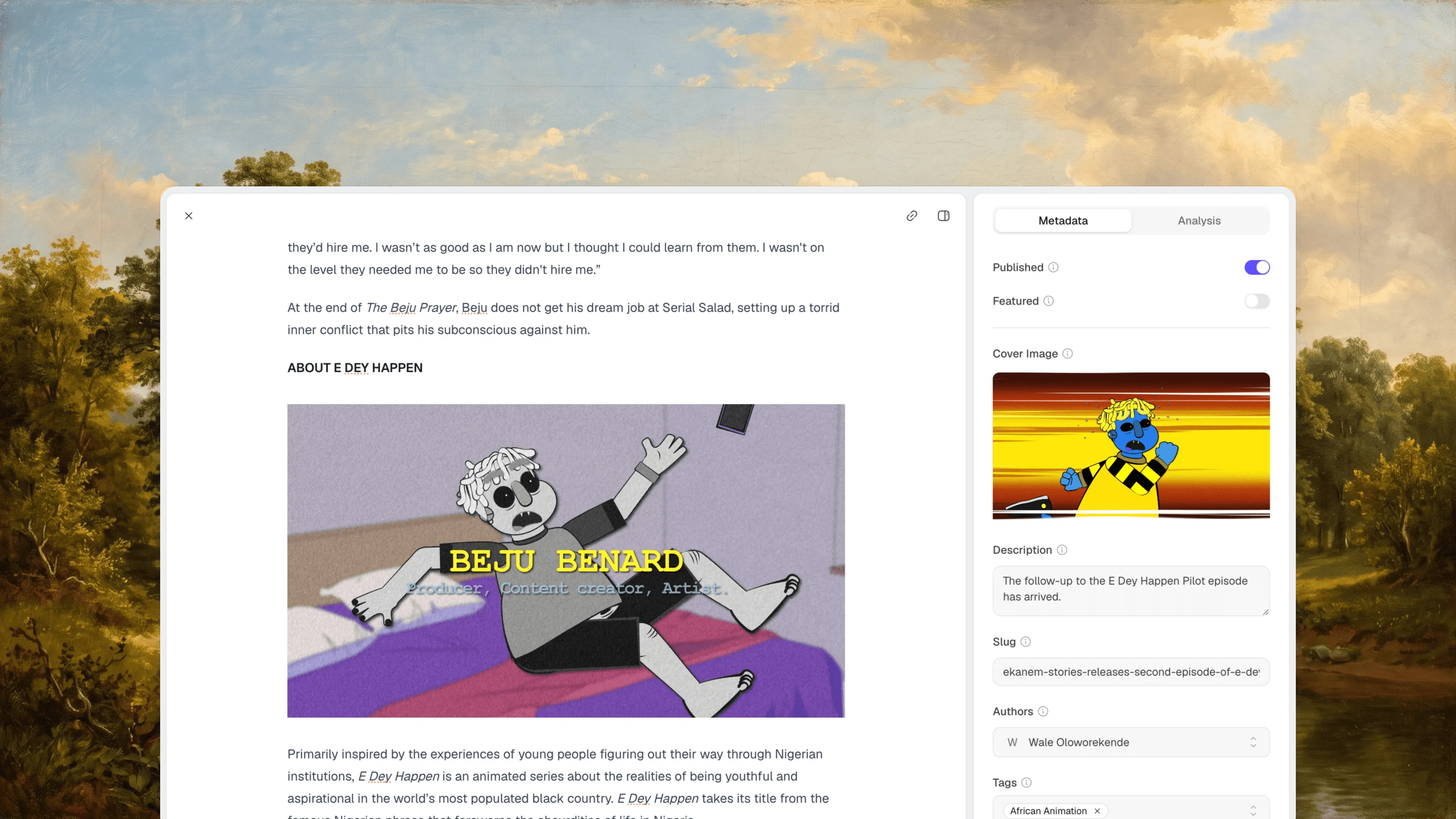 The Marble editor with a published post, its cover image, slug, authors, and tags, set against a landscape painting