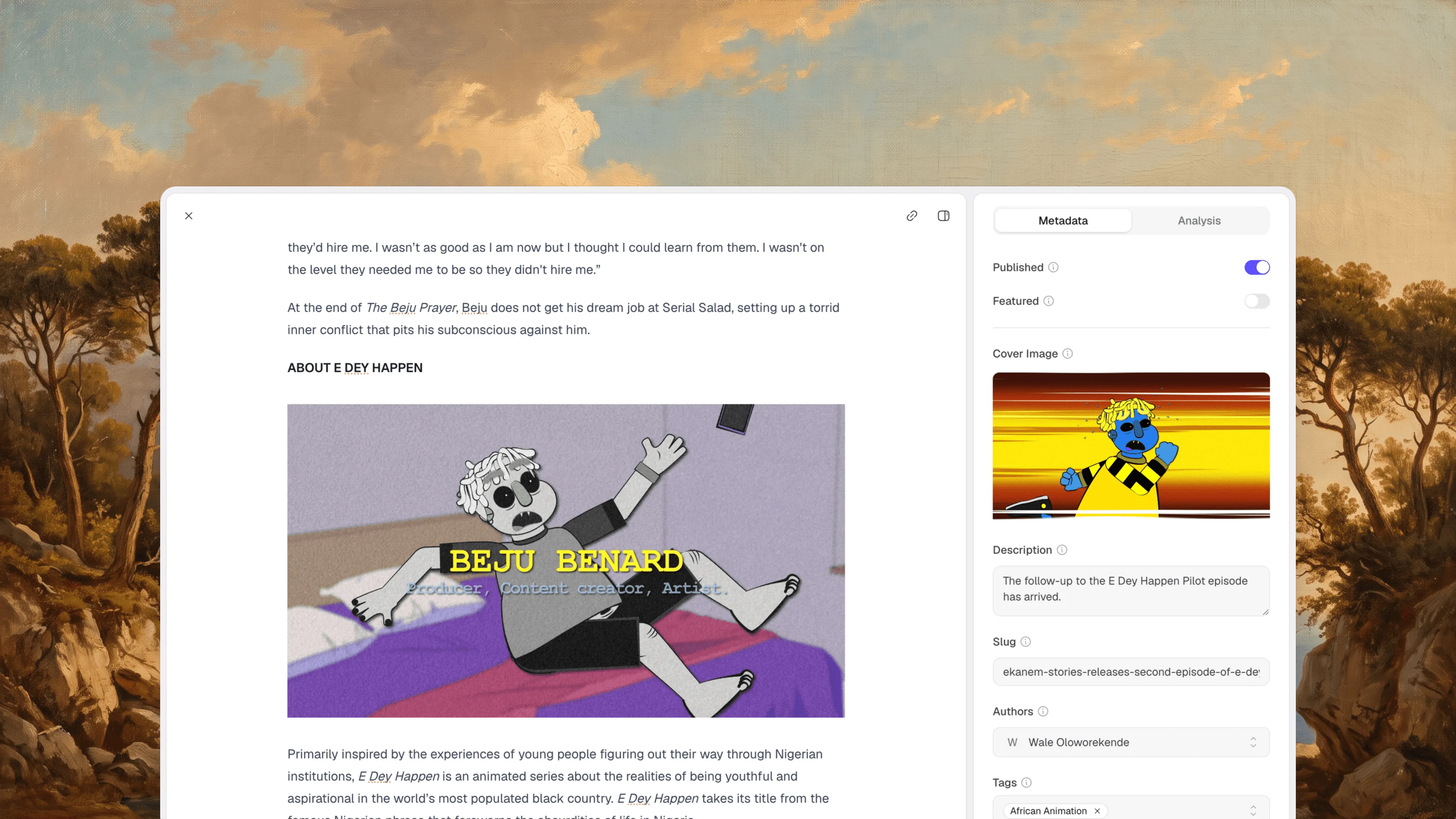 The Marble editor with a post, its cover image, slug, authors, and tags, set against a landscape painting