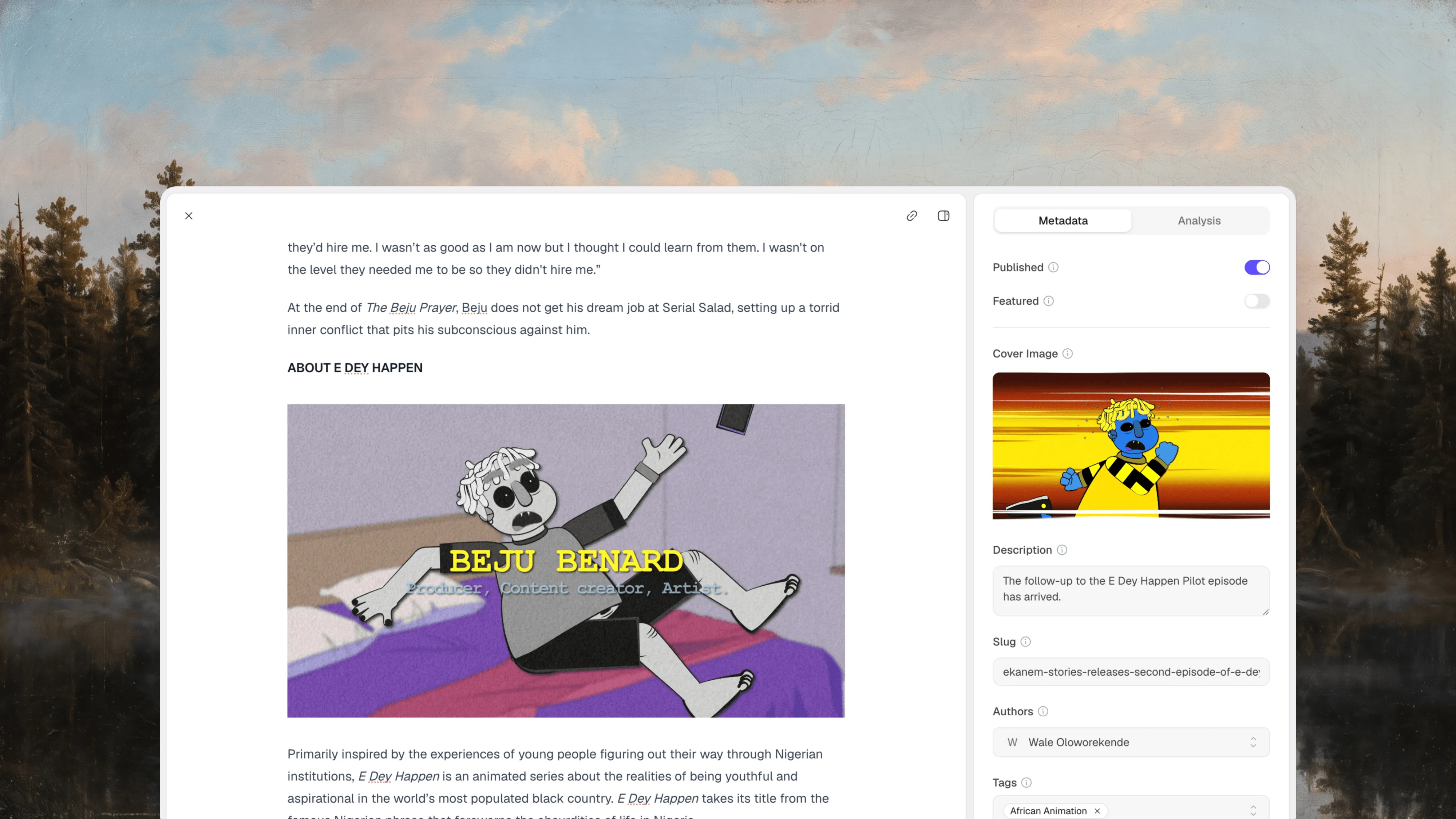 The Marble editor with a published post, its cover image, slug, authors, and tags, set against a landscape painting